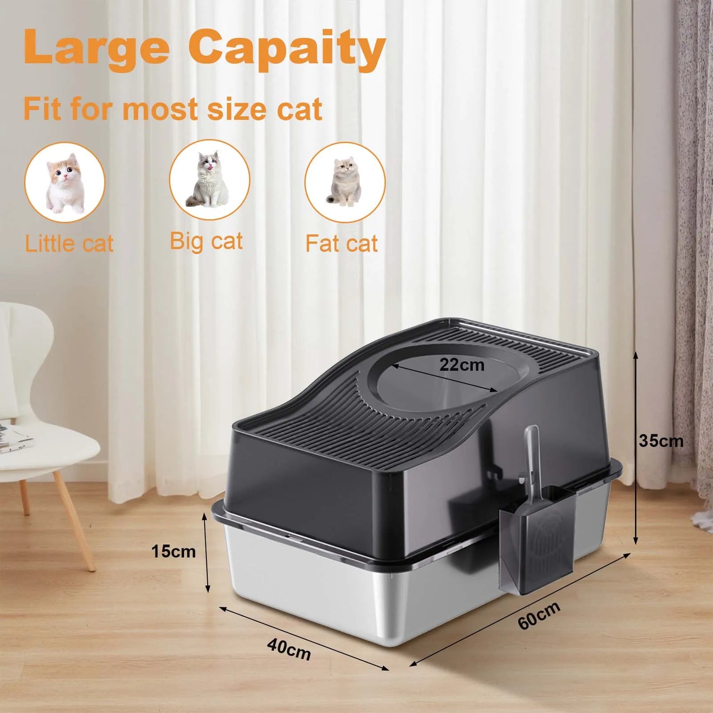 Stainless Steel Enclosed Litter Box With Cat Mat And Scoop