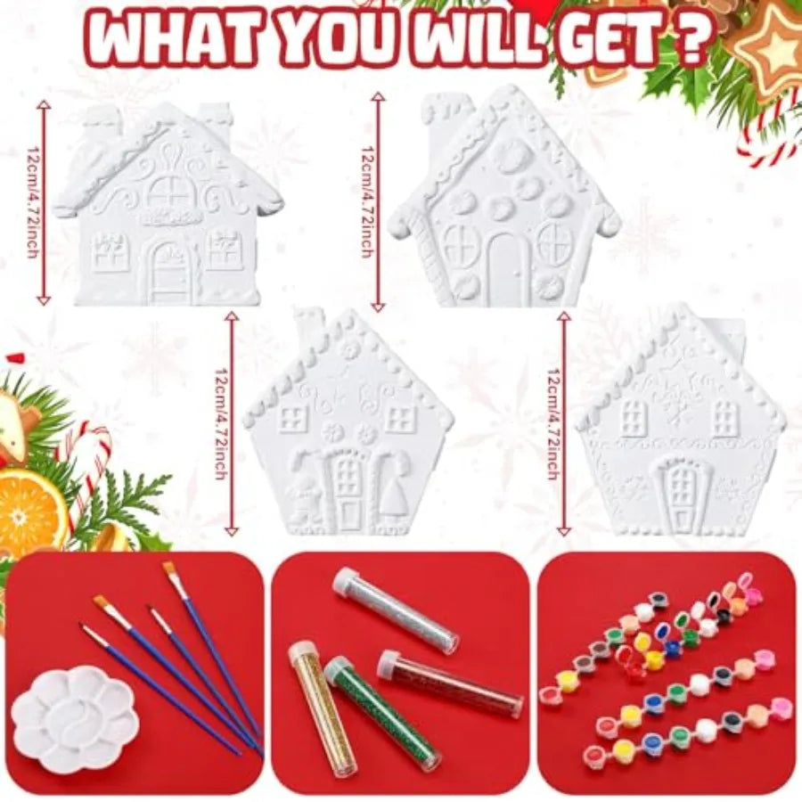 Unpainted Ceramic Gingerbread House Craft Kit With Paint And Brushes