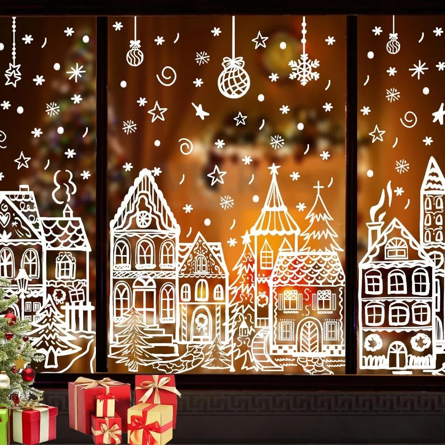 Christmas Window Stickers For Glass Decoration Snowman Snowflake Clings 4 Sheets