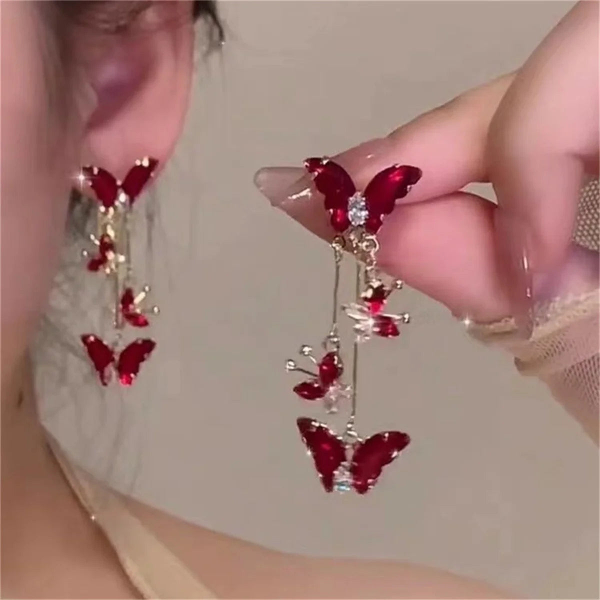 Rinhoo Delicate Zircon Butterfly Tassel Drop Earrings