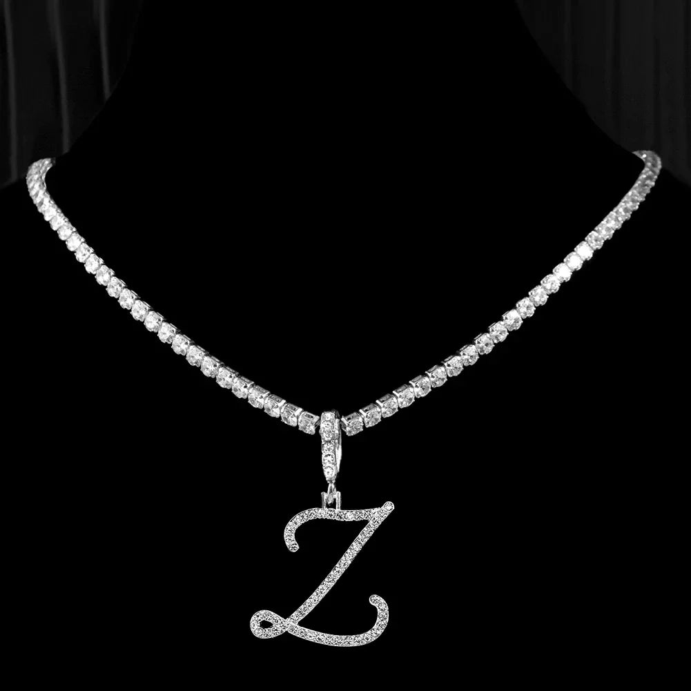Caraquet Cursive Alphabet Name Necklace CZ Chain Pendant