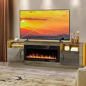 Lemberi Fireplace tv Stand with 36 inch Fireplace Up to 80" TVs,LED Light Entertainment Center and Storage, 70" Modern Wood Medi