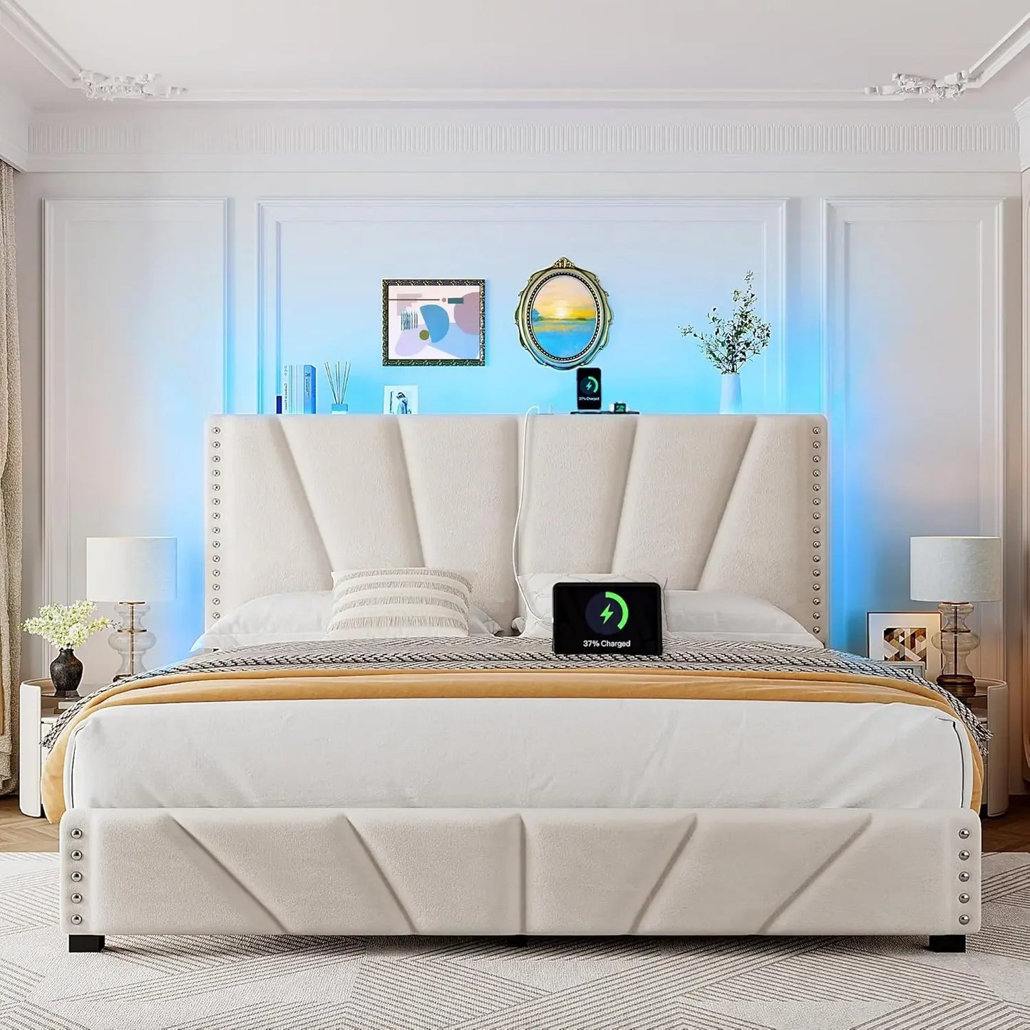 XMSJ Velvet Headboard Platform Bed With LED Lights