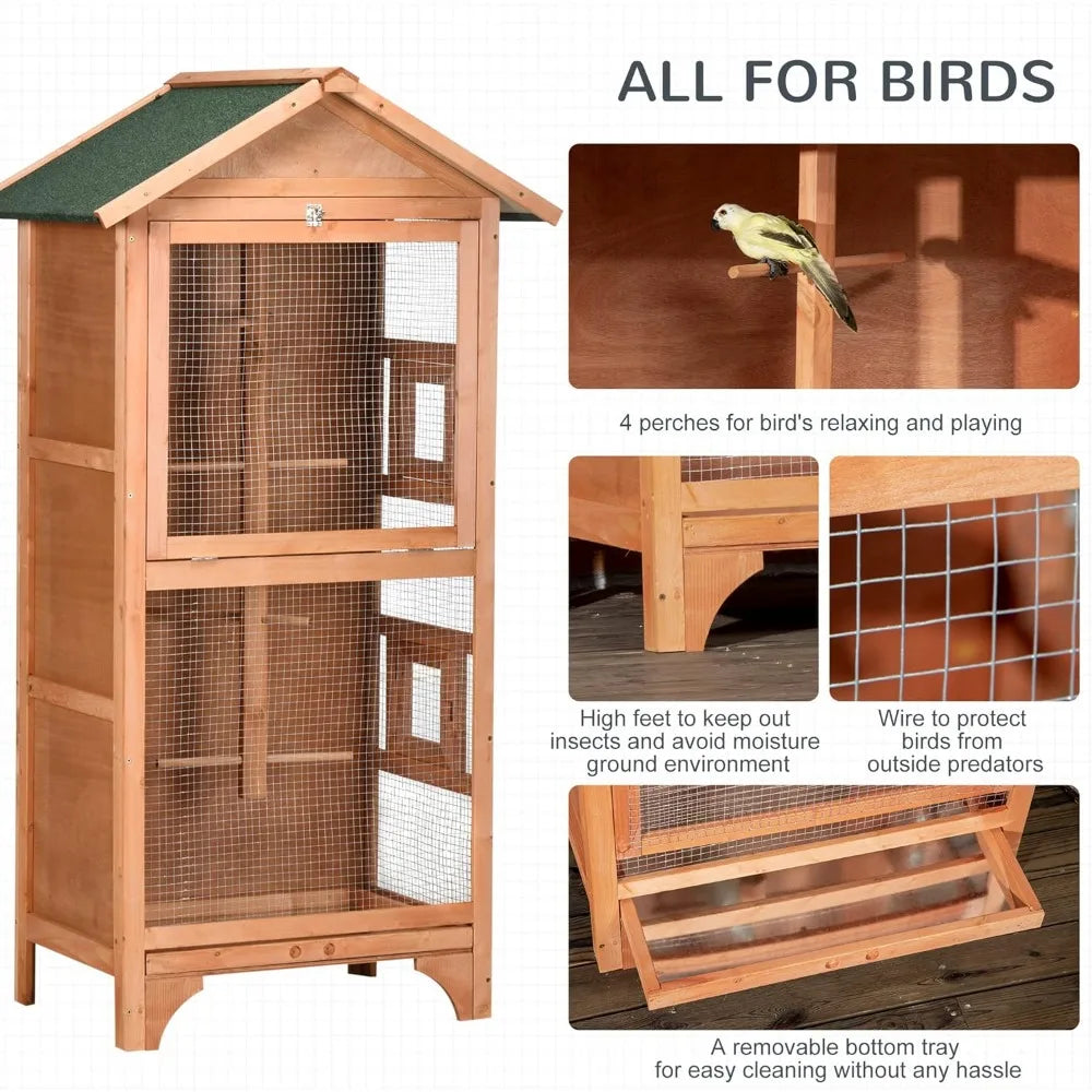 Wooden Outdoor Bird Cage For Finches And Parakeets With Removable Bottom Tray And Four Perches