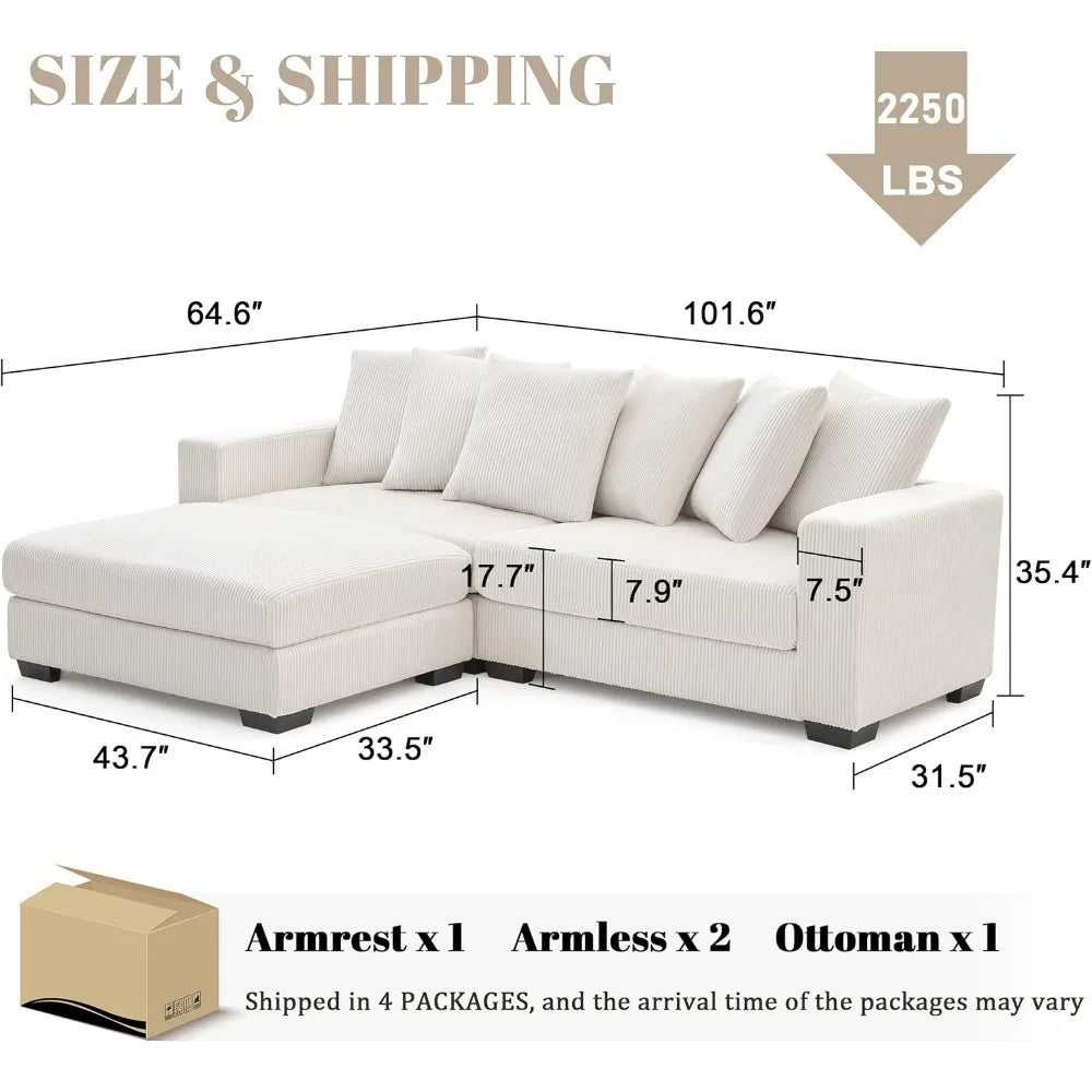101.6" Deep Seat Modular Sectional Sofa, Comfy Corduroy Sectional Couches for Living Room, L-Shaped Upholstered Cloud Couch with