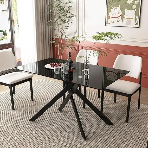 Rectangular Tempered Glass Dining Table With Sturdy Metal Legs For Modern Kitchen Or Dining Room