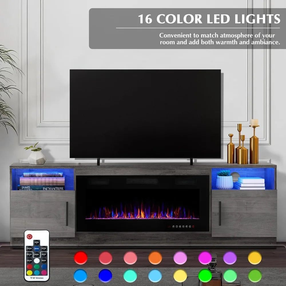 Lemberi Fireplace tv Stand with 36 inch Fireplace Up to 80" TVs,LED Light Entertainment Center and Storage, 70" Modern Wood Medi