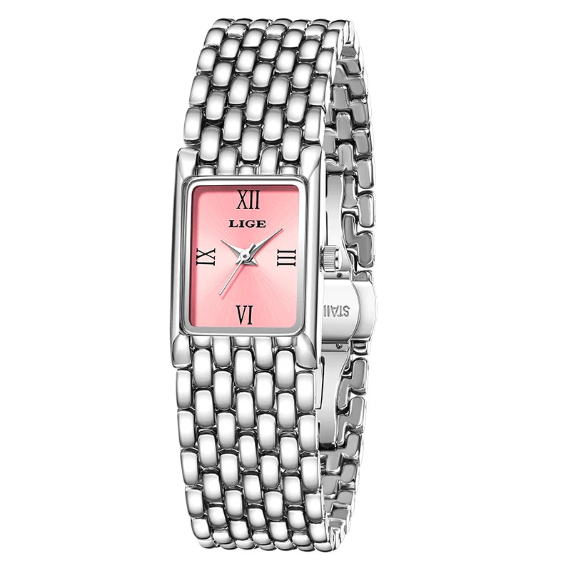 LIGE Retro Rectangle Womens Stainless Steel Quartz Watch