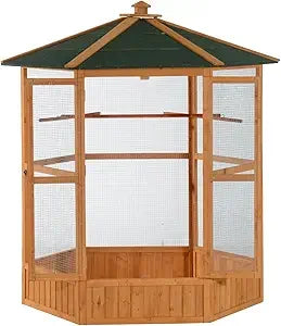 Wooden Hexagonal Outdoor Aviary Cage With WeatherproofDurableFinish Roof For Birds