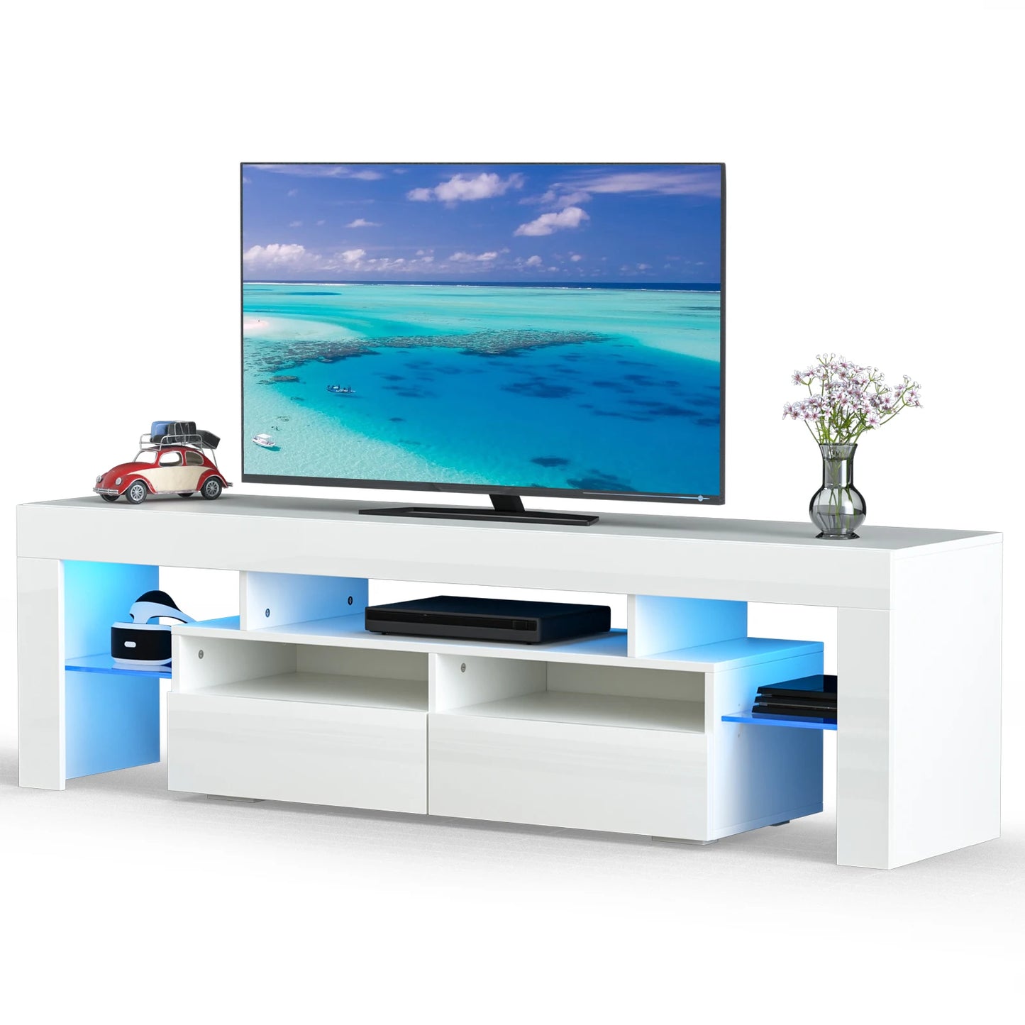 LED TV Stand for Living Room w/20 Colors Lights & Storage Shelf High Gloss TV Cabinet with Large Drawers for Gameroom/Bedroom