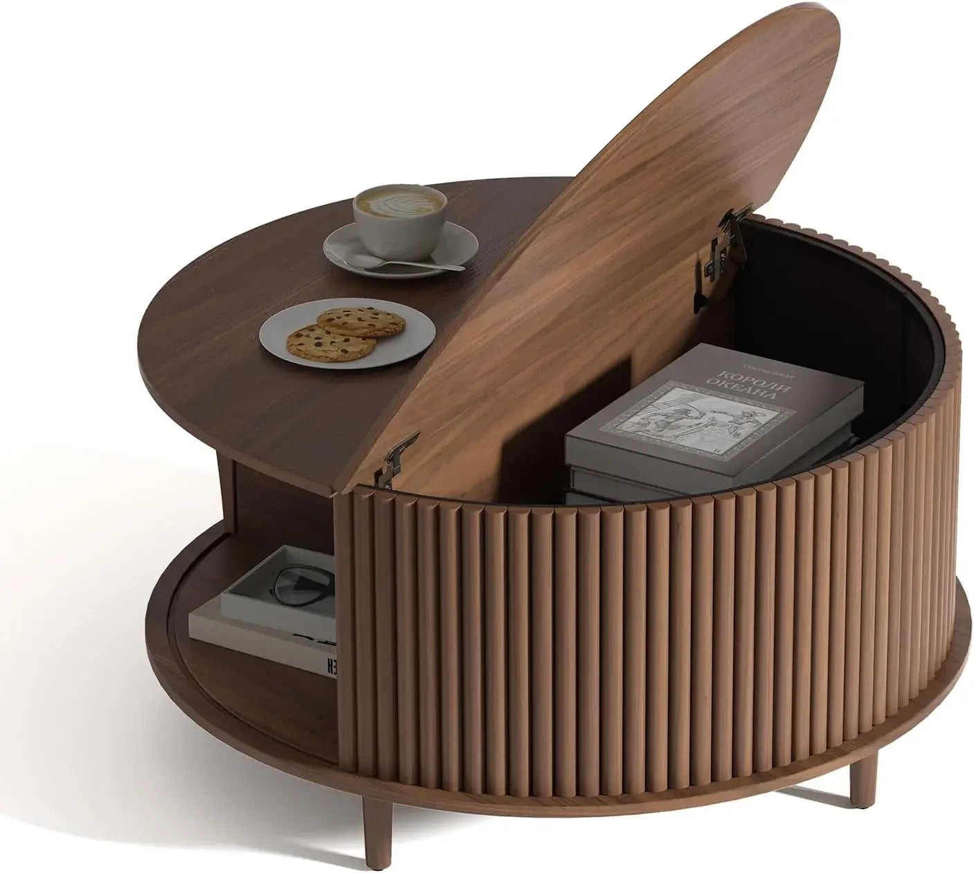 Round Coffee Table with Storage Mid Century Modern Dining Table with Sliding Cabinet Door for Living Room Home Center Table