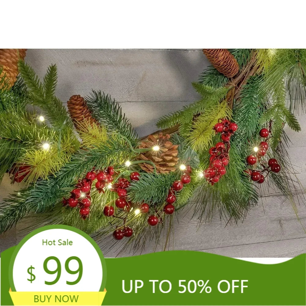 XMSJ Battery Powered LED Christmas Wreath With Timer