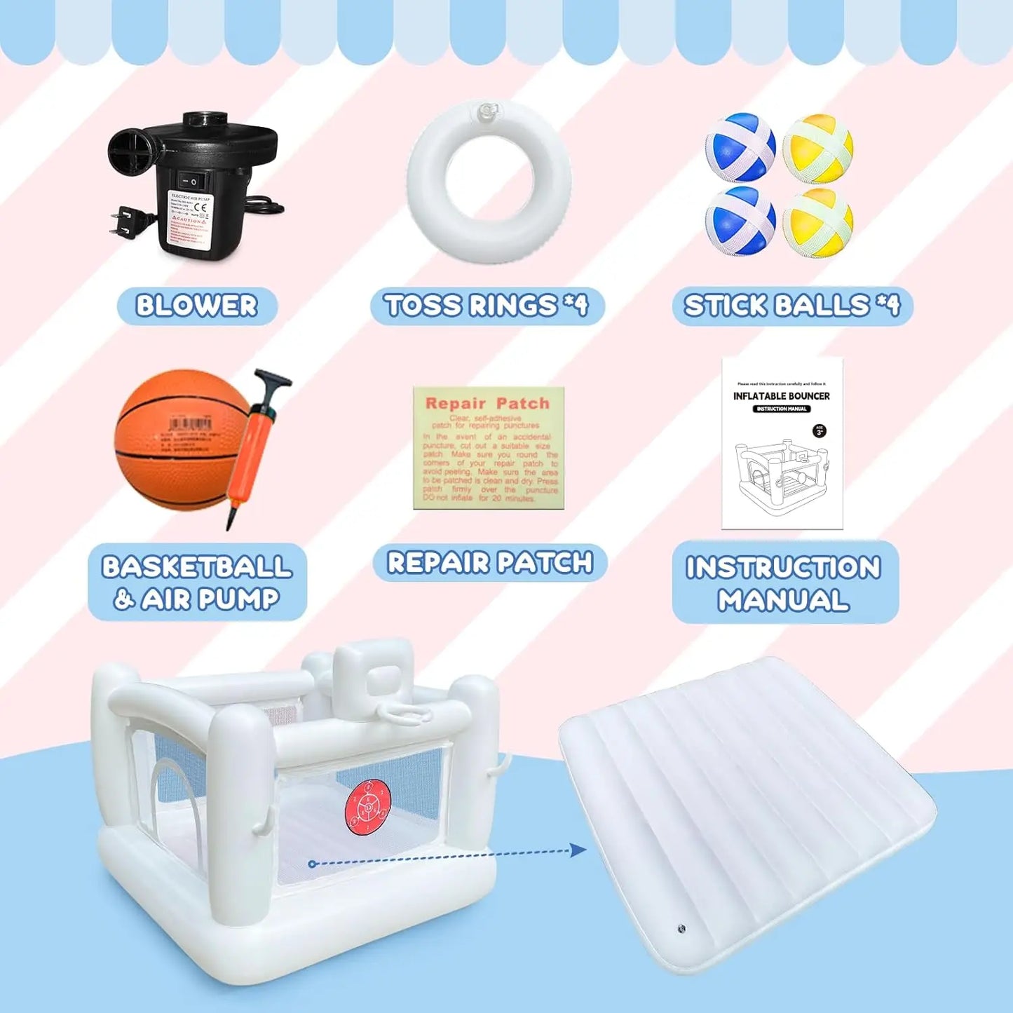 White Bounce House with Pump for Kids 3 to 6 Indoor Outdoor Fun