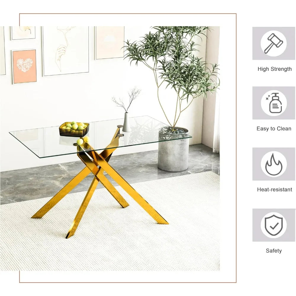 Rectangular Tempered Glass Dining Table With Sturdy Metal Legs For Modern Kitchen Or Dining Room