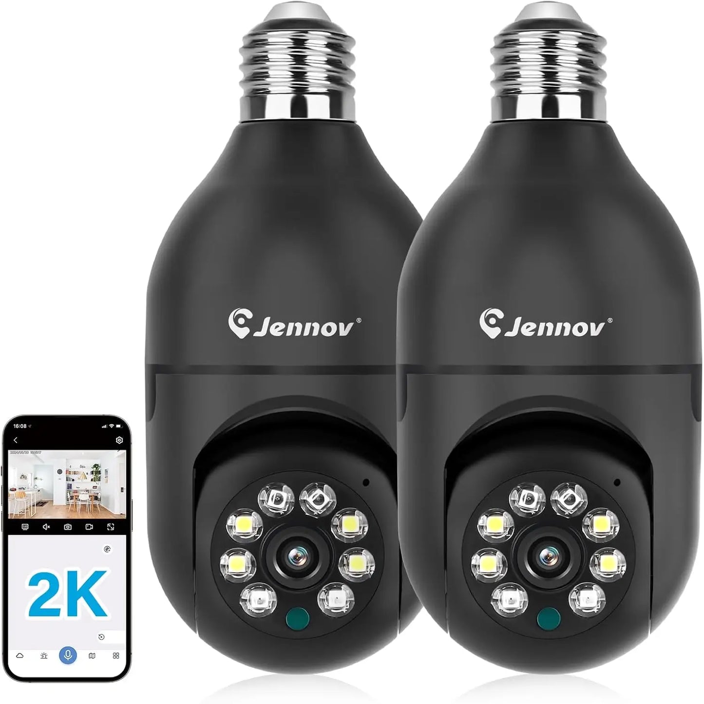 Jennov Light Bulb Security Camera, 360°/2k HD Wireless Camera, Wi-Fi Light Socket Camera for Indoor&Outdoor Home Security
