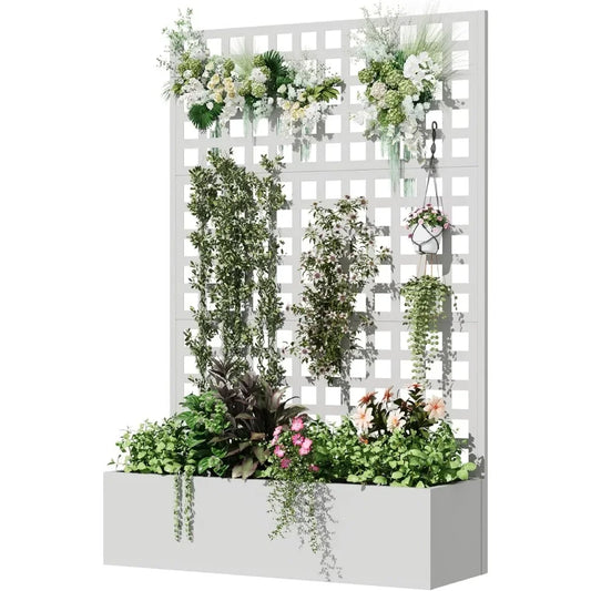 Metal Planter Box with Trellis, 71"x 47"x 16" Raised Garden Bed with Trellis, Planter Box Trellis with Privacy Screen and Draina