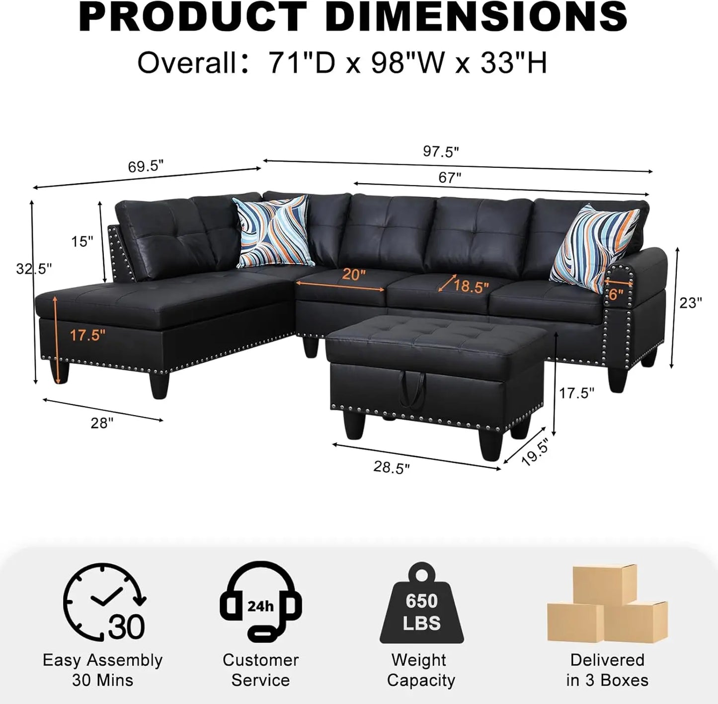 XMSJ Sectional Sofa Modern PremiumQuality SyntheticLeather Living Room Chaise Ottoman
