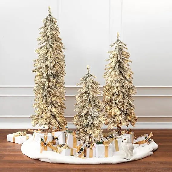 LuxenHome Flocked Christmas Tree Set Prelit Fir With Lights