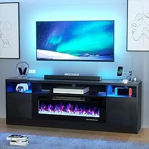 Electric Fireplace TV Stand with 36 inch Fireplace Up to 80" TVs-Led Entertainment Center with Outlet, High Glossy Doors-70 inc