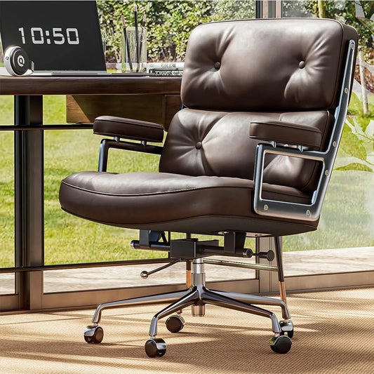 Genuine Leather Office Chair, Mid Back Executive Desk Chair with Aluminum Arms and Wheels, Swivel Office Leather Chair with Thic