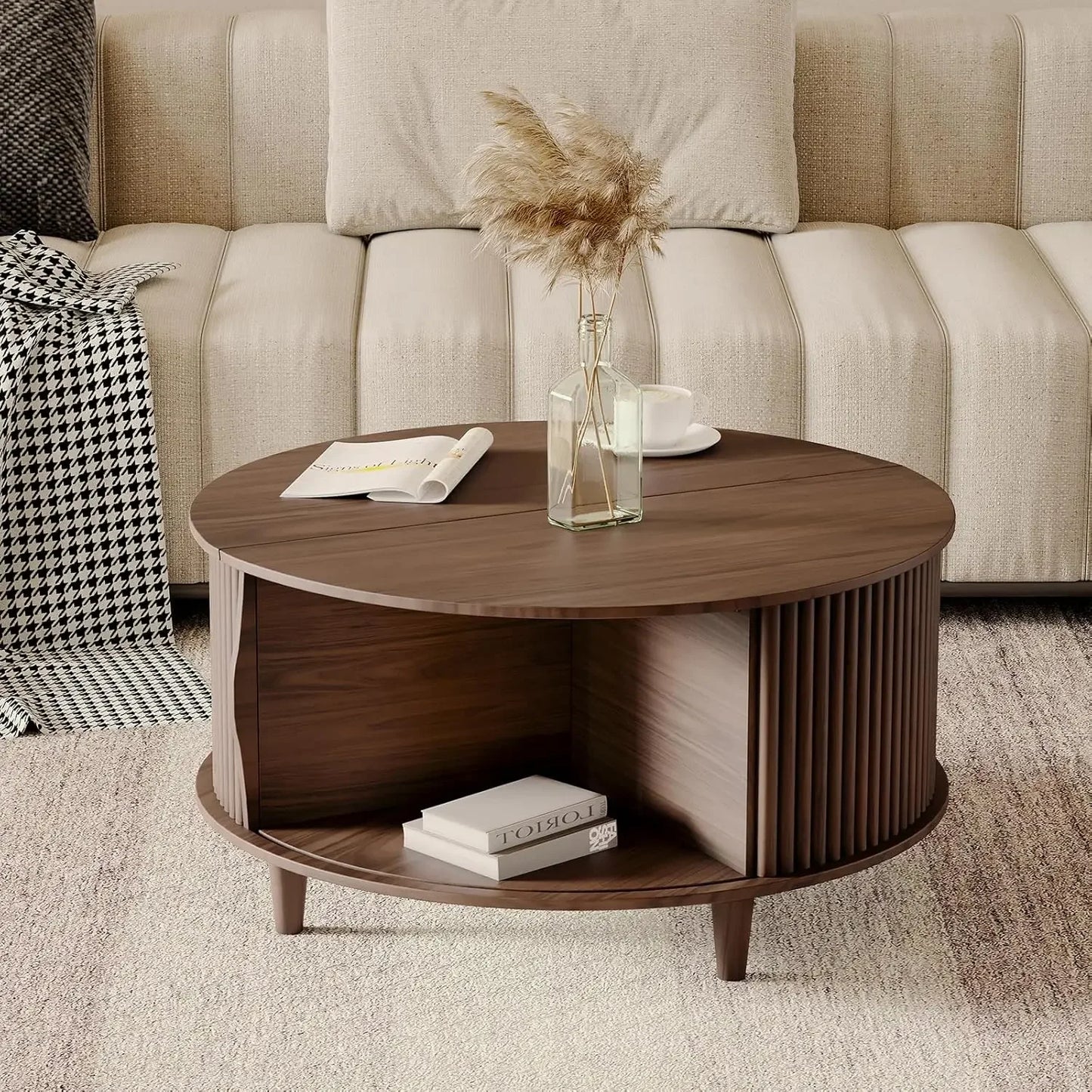 Round Coffee Table with Storage Mid Century Modern Dining Table with Sliding Cabinet Door for Living Room Home Center Table