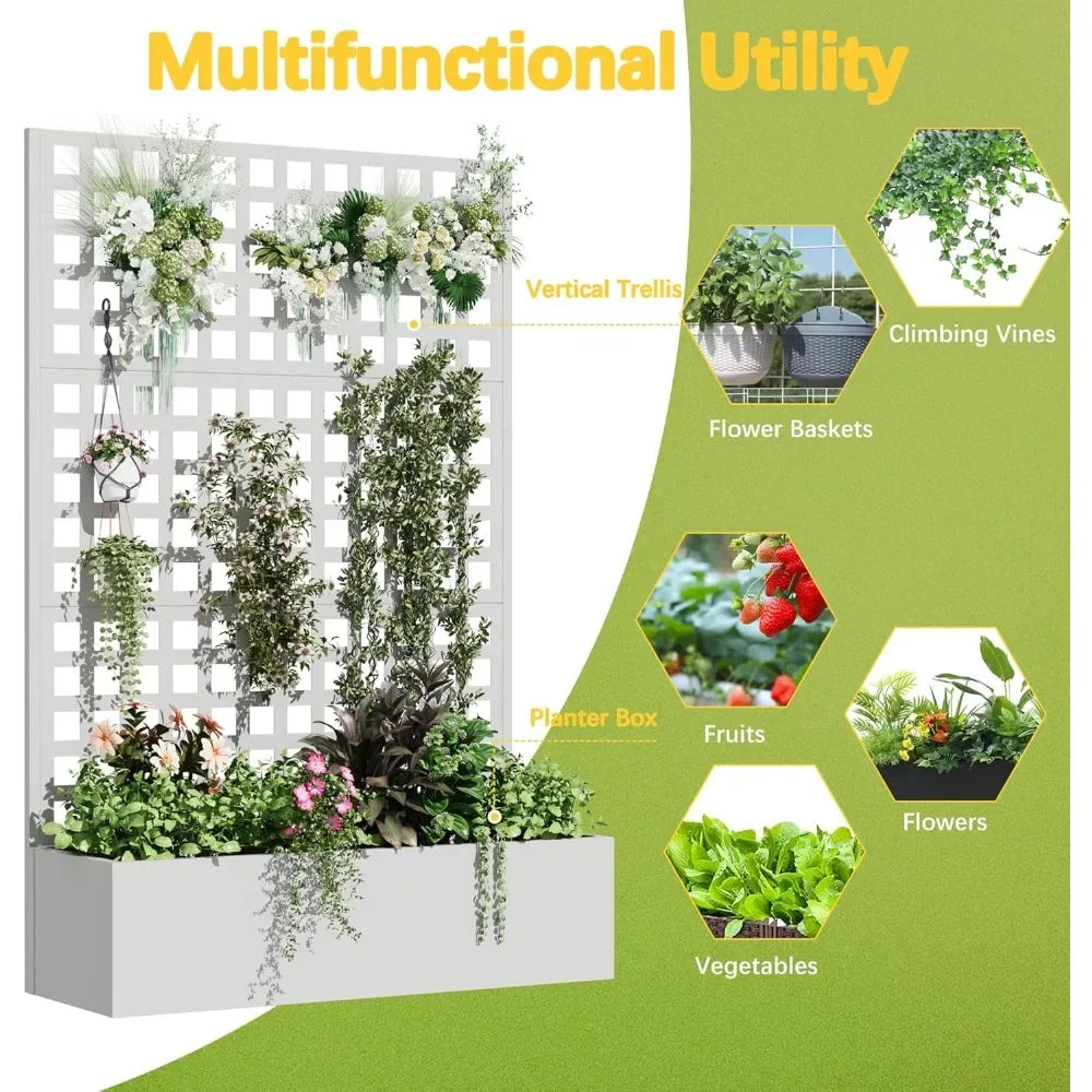 Metal Planter Box with Trellis, 71"x 47"x 16" Raised Garden Bed with Trellis, Planter Box Trellis with Privacy Screen and Draina