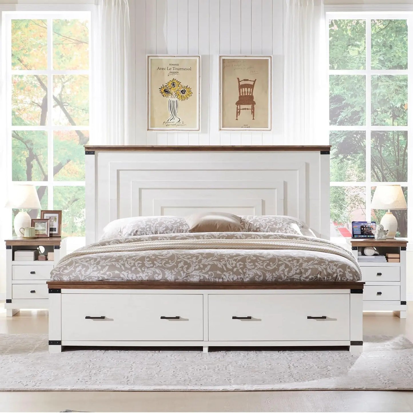 ZHUXIANG Wood Bed Frame Geometric Headboard Storage Drawers