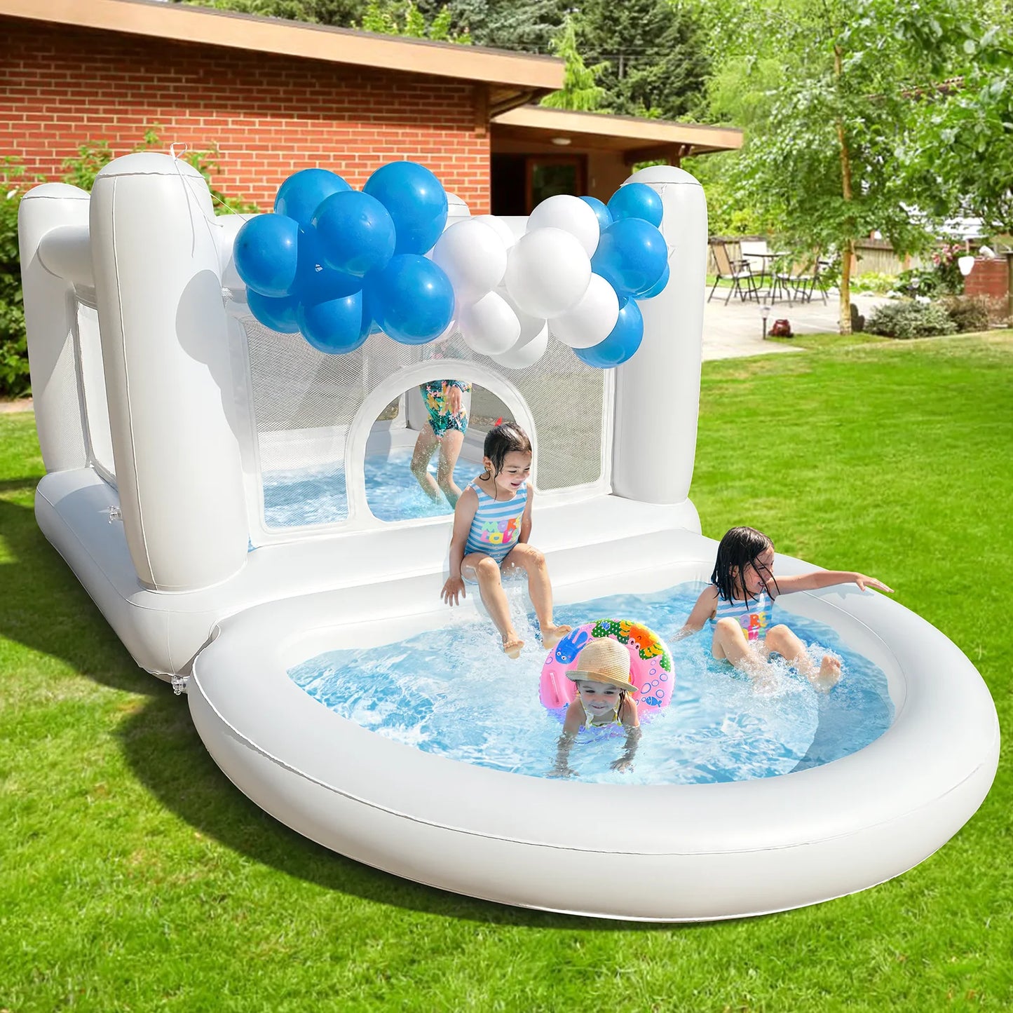 White Bounce House with Pump for Kids Age 3-6 Indoor Outdoor Playtime Fun