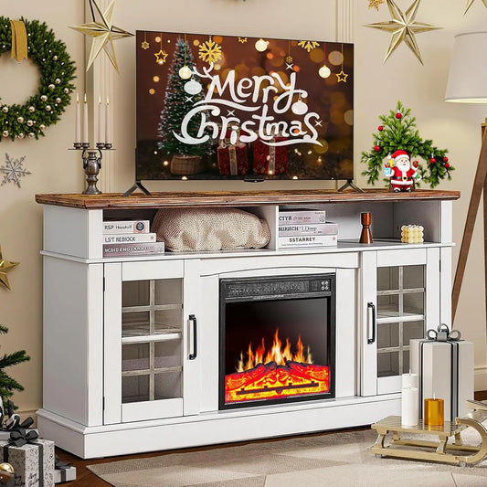 Fireplace TV Stand for 65" TV Media Entertainment Center Console Table w/ 18'' Electric Fireplace Remote Control Storage Shelves