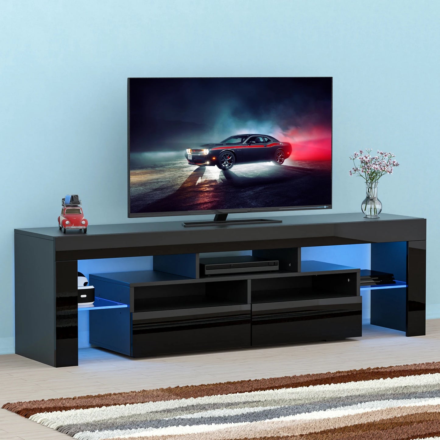 LED TV Stand for Living Room w/20 Colors Lights & Storage Shelf High Gloss TV Cabinet with Large Drawers for Gameroom/Bedroom