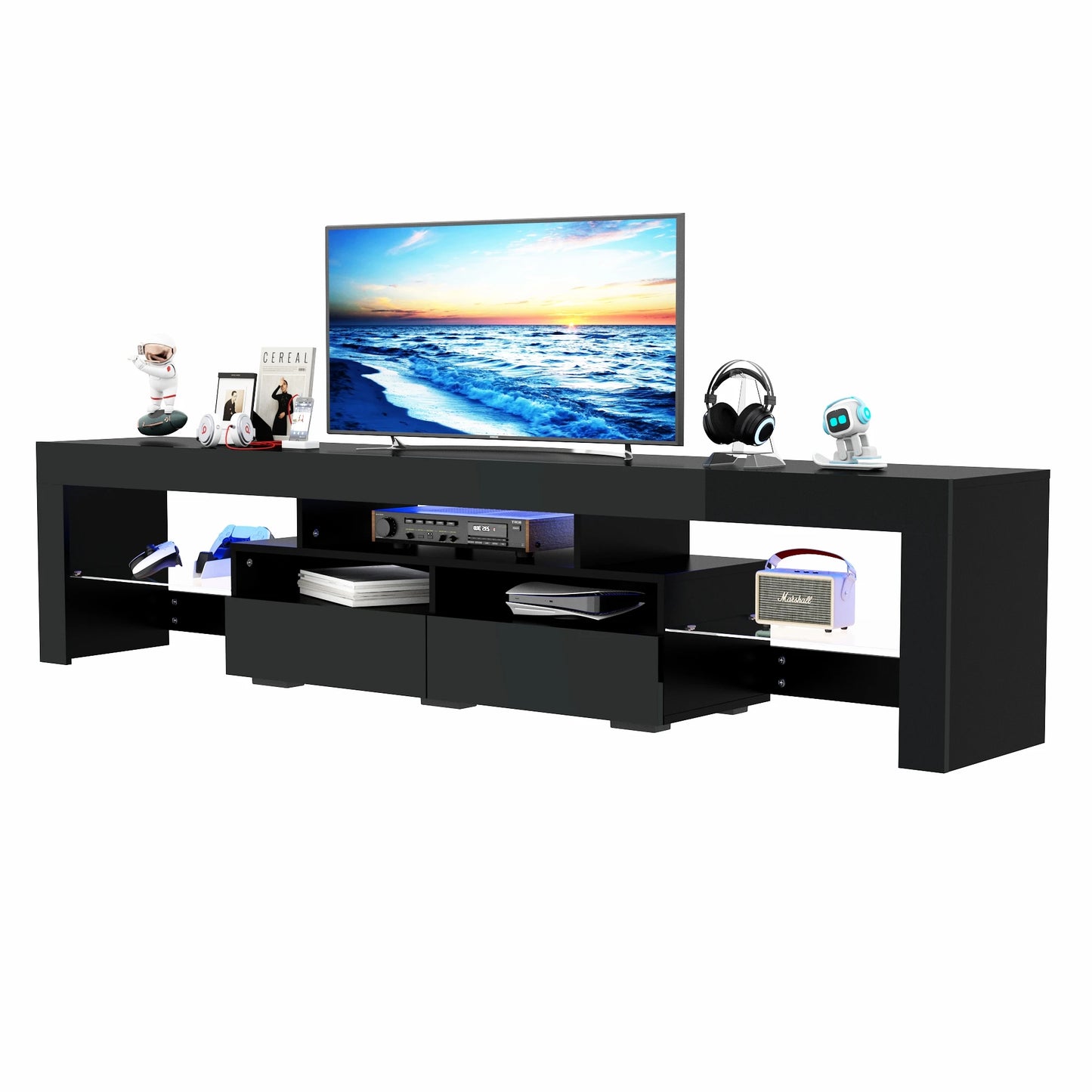 LED TV Stand for Living Room w/20 Colors Lights & Storage Shelf High Gloss TV Cabinet with Large Drawers for Gameroom/Bedroom