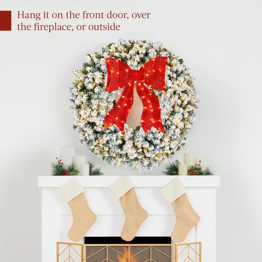 Color Flocked Pre Lit Christmas Wreath With Bow Plug In