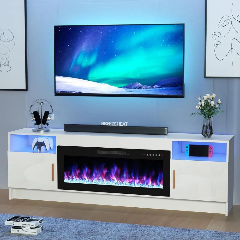 Electric Fireplace TV Stand with 36 inch Fireplace Up to 80" TVs-Led Entertainment Center with Outlet, High Glossy Doors-70 inc