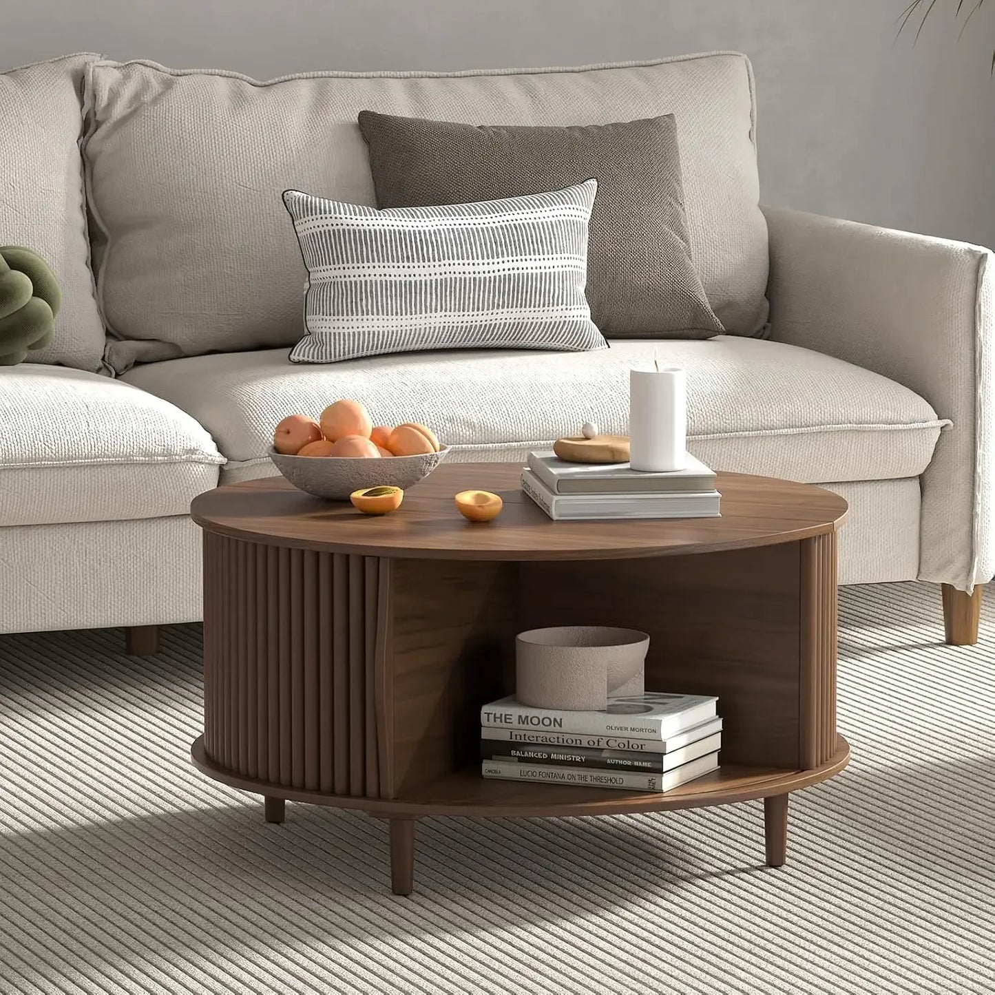 Round Coffee Table with Storage Mid Century Modern Dining Table with Sliding Cabinet Door for Living Room Home Center Table