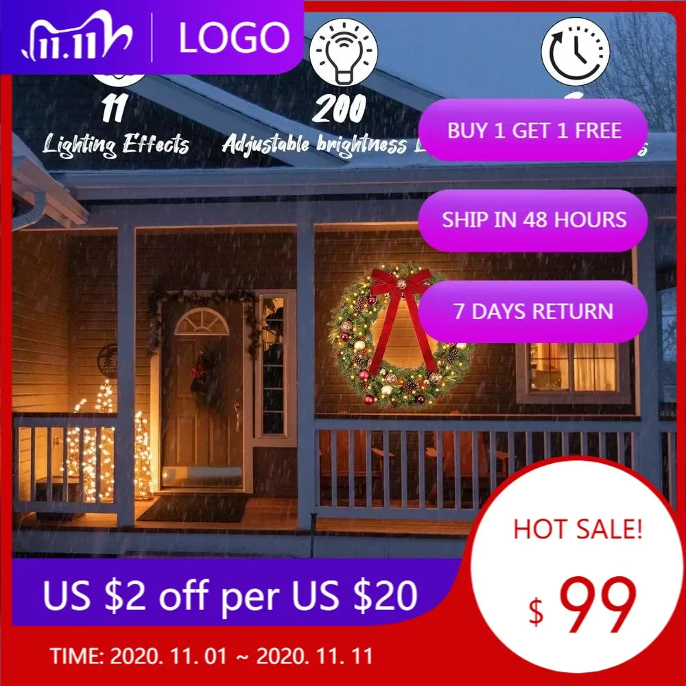 XMSJ Outdoor Christmas Wreath With 200 LED Lights Exterior