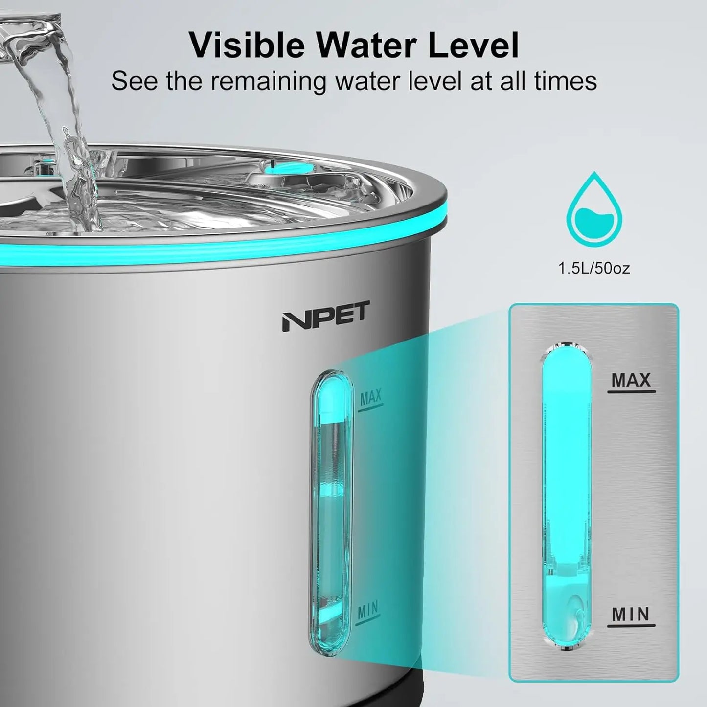 Hign-concerned NPET Feline Hydration Fountain Stainless Steel DishwasherSafe Window Light