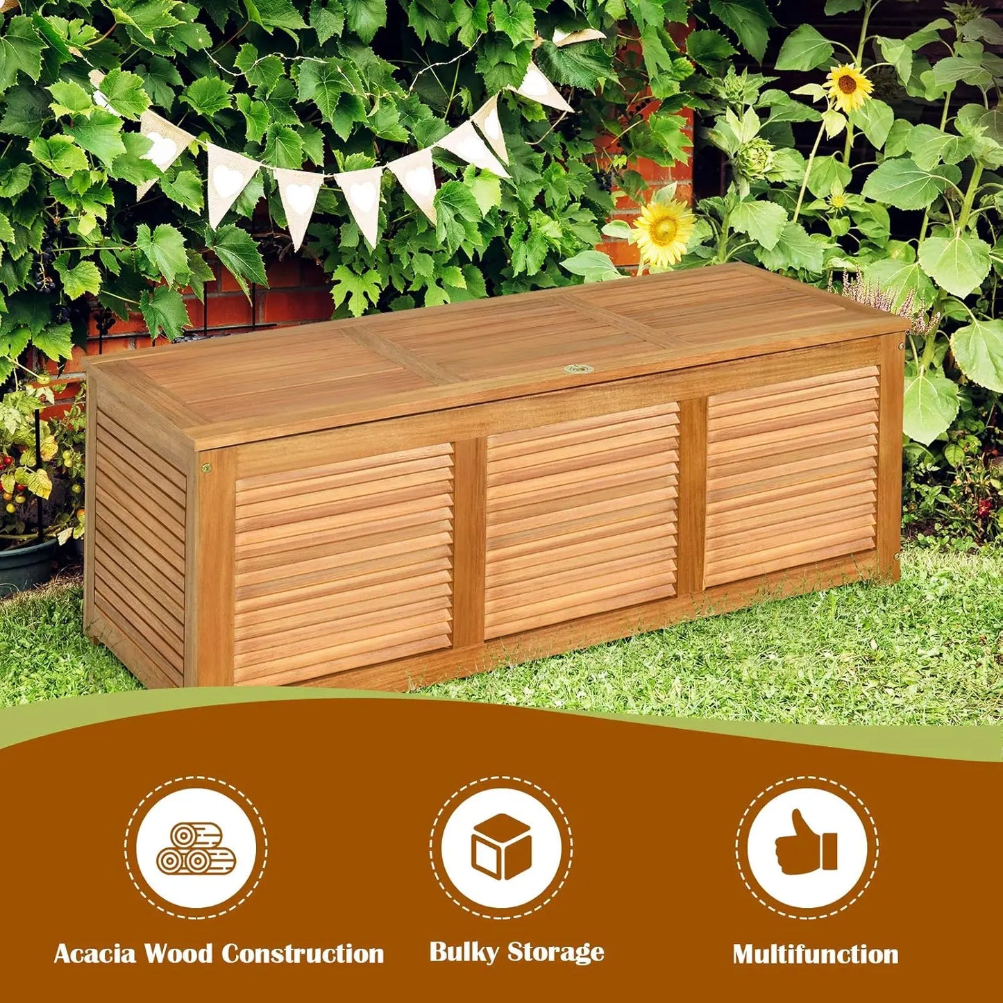 46 Gallon Acacia Wood Deck Box, Garden Backyard Storage Bench, Outdoor Storage Container for Patio Furniture Cushions