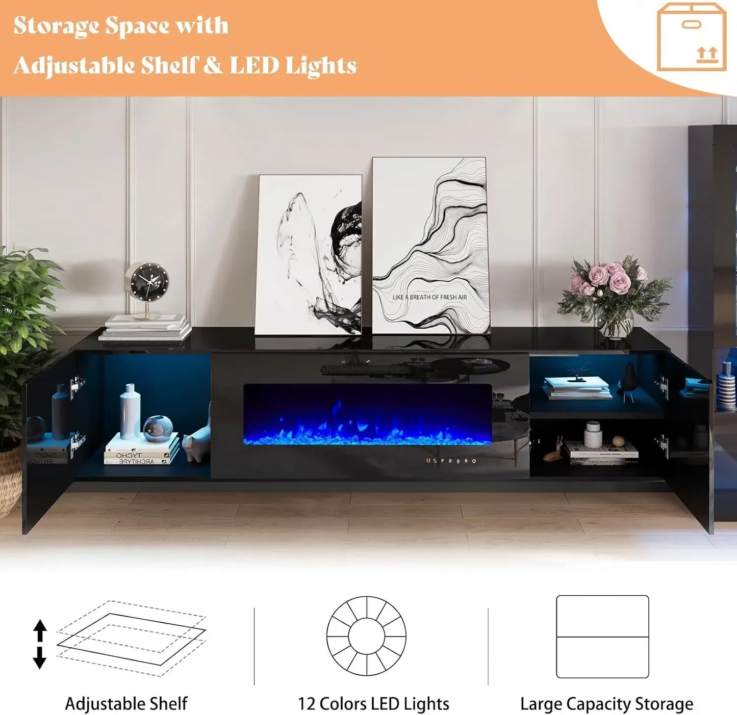Floating Fireplace TV Stand, Wall Mounted Mirrored Entertainment Center, Modern LED Lights Media Console for TVs Up to 90",Black