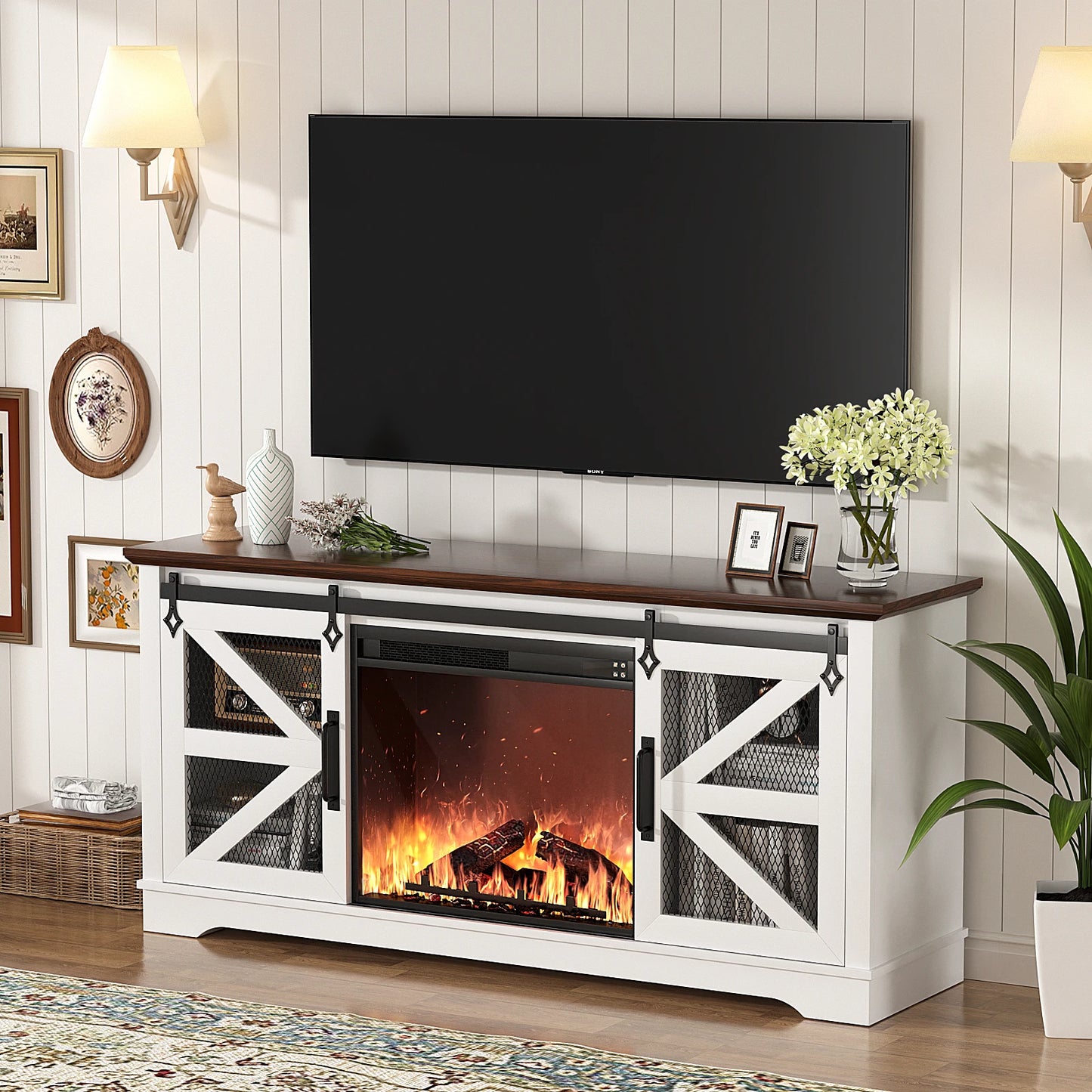TV Stand for TVs up to 60’’ with Fireplace,Farmhouse Entertainment Center w/26’’ Electric Fireplace