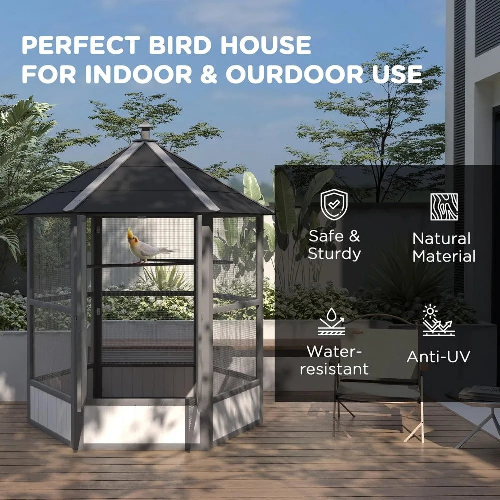 Wooden Hexagonal Outdoor Aviary Cage With WeatherproofDurableFinish Roof For Birds