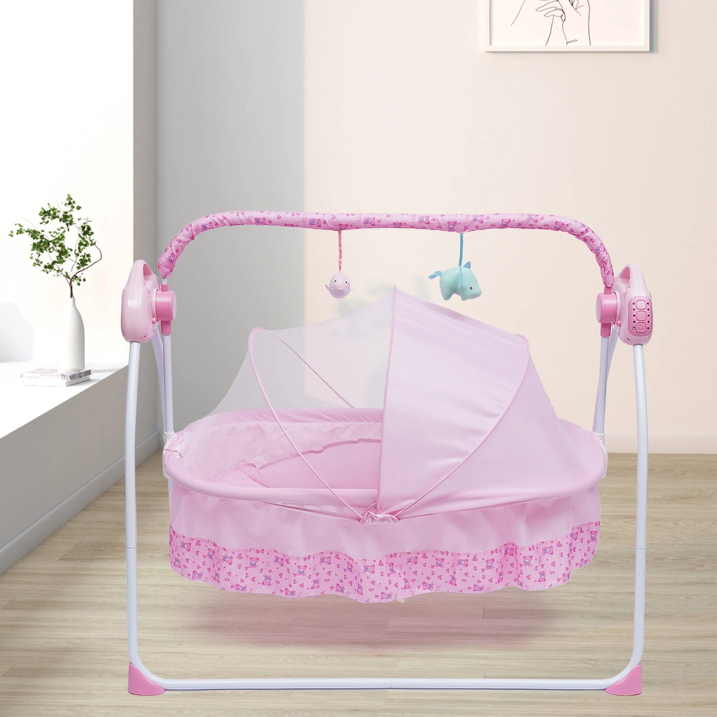 Electric Baby Swing Big Space Folding Baby Cradle 5 Gears Mosquito Net Baby Bassinet Remote Control And Timing Function Pink