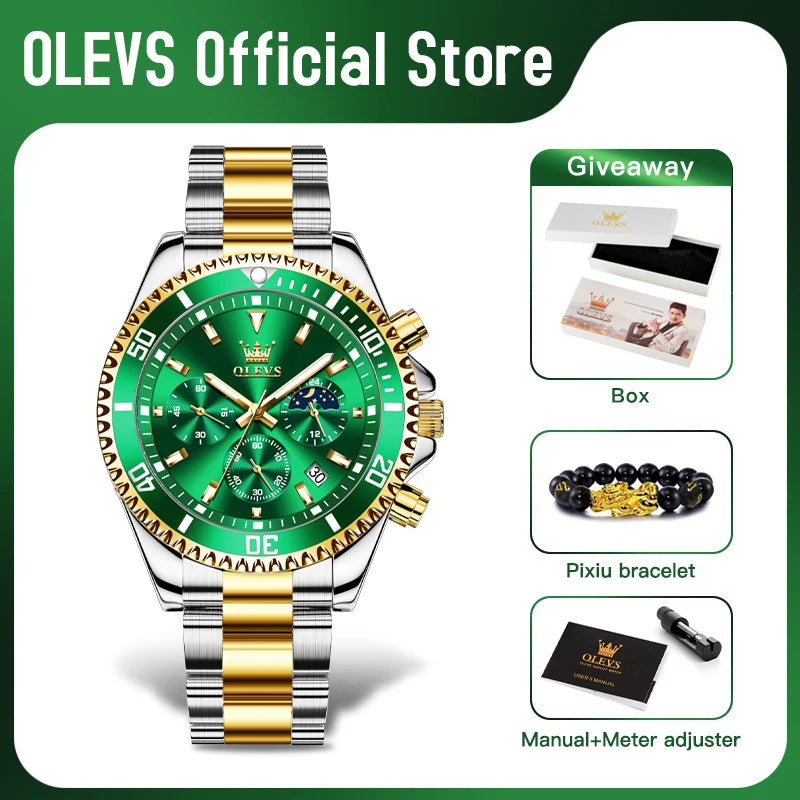 OLEVS Mens Chronograph Moonphase Stainless Steel Watch