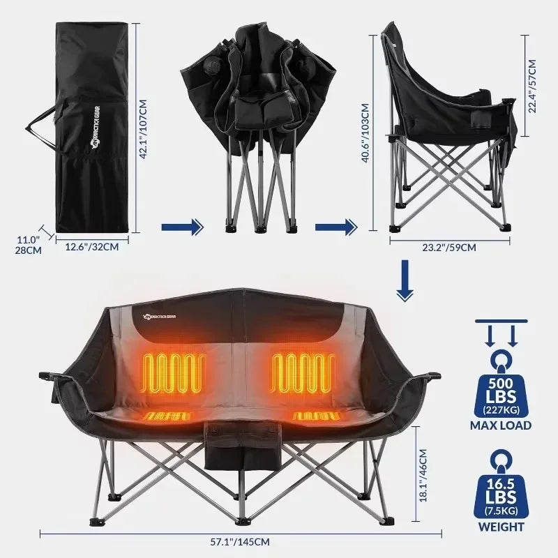Home.Heated Double Camping Chair, 2-Person Folding Chair with 12V 16000mAh Battery Pack, Heated Portable Loveseat Chair