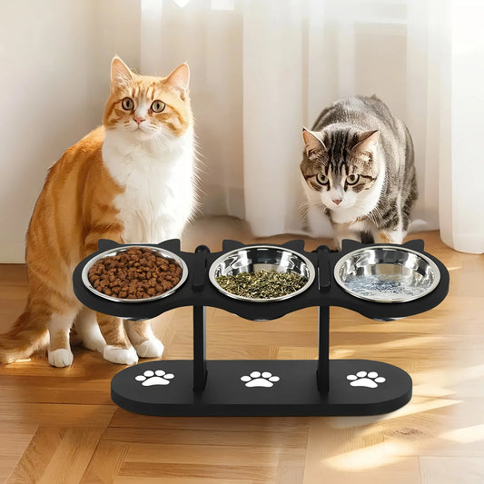 Hign-concerned Elevated Tilted Cat Bowls Set With Wooden Stand And Anti Vomiting Stainless Steel Bowls