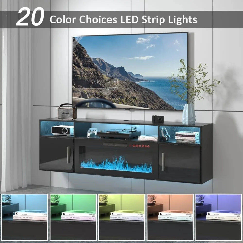 Floating TV Stand with Fireplace, 70" Floating TV Stand Wall with 36" Fireplace, Black Floating Electric Fireplace TV Stand