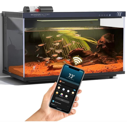 Smart Aquarium Fish Tank 5 Gallon Starter kit, Self Cleaning System Efficiency Filter 7 Color LED Lights Automatic Feeder