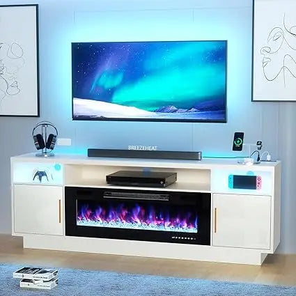 Electric Fireplace TV Stand with 36 inch Fireplace Up to 80" TVs-Led Entertainment Center with Outlet, High Glossy Doors-70 inc