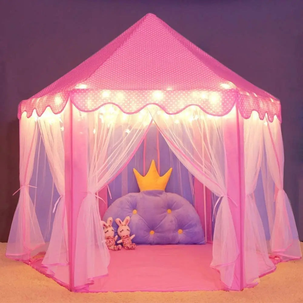 Portable Folding Princess Castle Tent with Warm LED Star Lights for Kids
