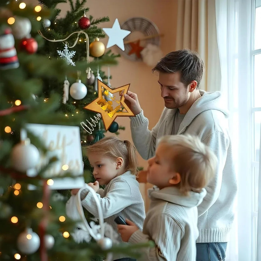 Christmas Tree Topper Star Lighted 3D Wooden Star Topper
