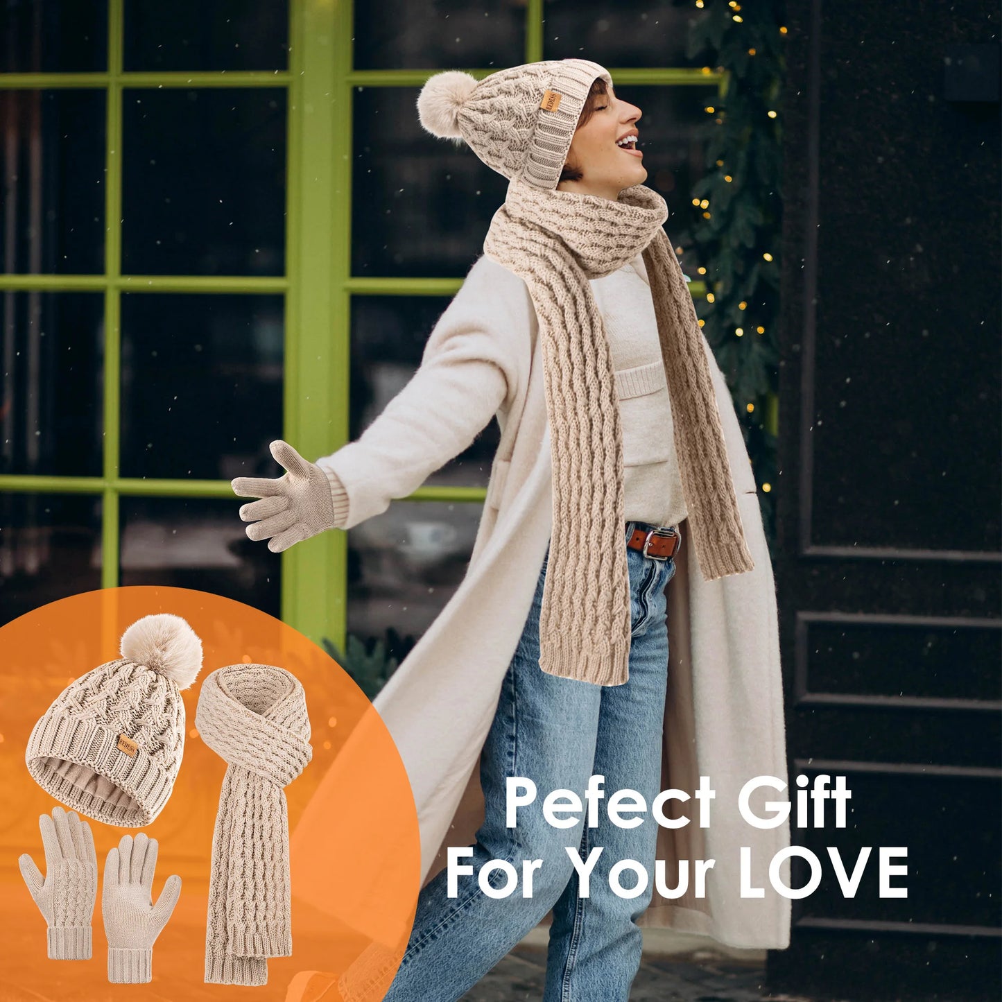 Womens Winter Beanie Hat Touchscreen Gloves Long Neck Scarf Set Warm Knit Caps